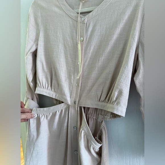 Lovestitch 100% Cotton Cutout Midi Shirt Dress Beige Button Front Long Sleeves - Picture 5 of 7